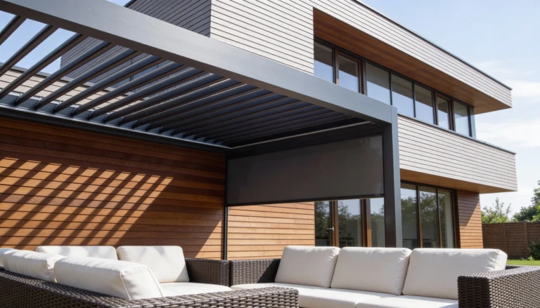 A modern bioclimatic pergola with a closed side shade on a patio furnished with rattan furniture.