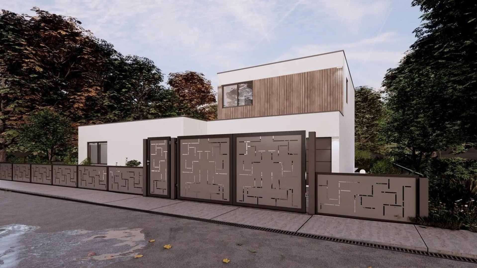 A modern single-family home with a decorative NARVI metal fence featuring a geometric pattern.