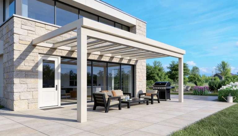 A modern white aluminum pergola with a glass roof on the patio of a single-family home, featuring outdoor furniture and a grill.