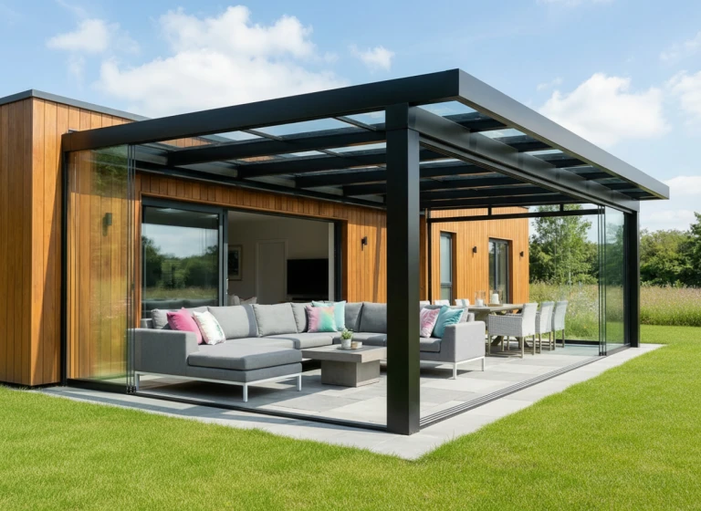A modern glass pergola with a black aluminum frame and gray patio furniture on the deck next to a wooden house.