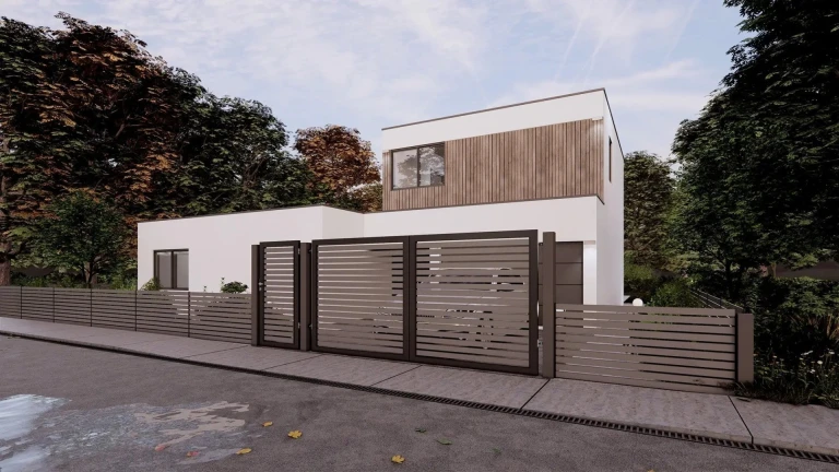 A modern white house with a brown slatted fence and a gate in front of it.