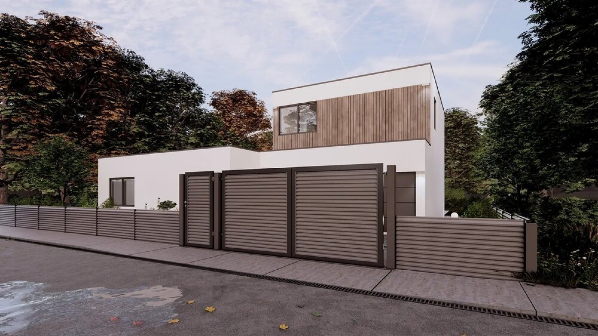 A modern white house with a brown slatted fence and a gate set against a backdrop of lush greenery.
