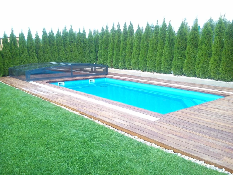A modern rectangular pool with a wooden deck and a low black canopy in a garden lined with thuja trees.